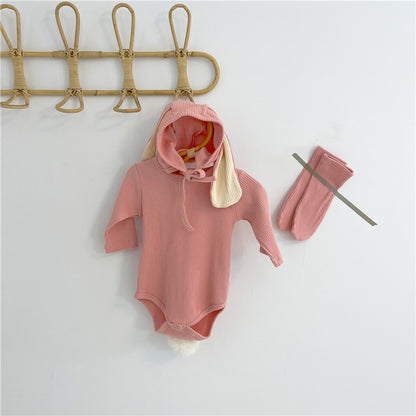 -ベビーロンパース しっぽ付き 長袖ロンパース うさ耳帽子 お揃い靴下 3点セット【mh0000384】 - mamahalo shop - 長袖ロンパース -  べビー服 - 子供服 - 男の子 - 女の子