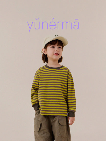 キッズ用ボーダー長袖Tシャツ（黄×黒）・ゆったりシルエット