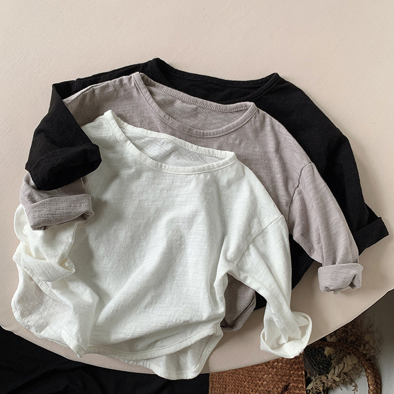 キッズ用ルーズ長袖Tシャツ（ドロップショルダー）、黒・白・グレー