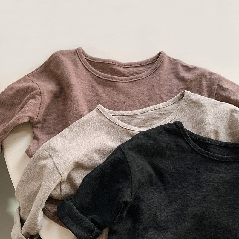 キッズ用ルーズ長袖Tシャツ（ドロップショルダー）、ブラウン系・ベージュ・黒