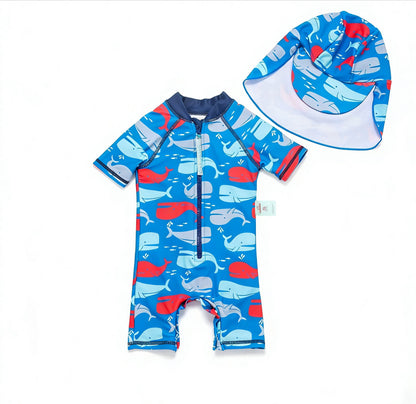 One-Piece Sun Protection Surf Wear プリント 半袖水着 帽子セット【mh0013319】