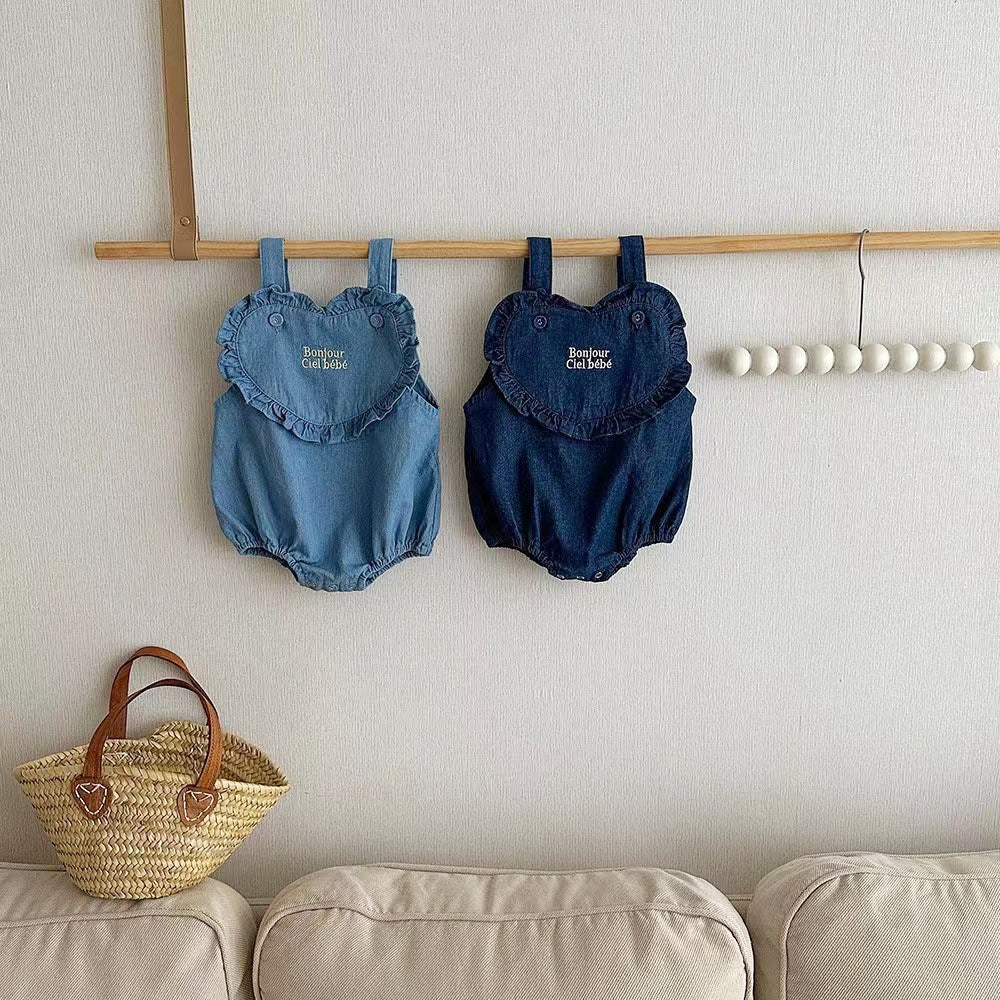 ベビー デニム ハート フリル レターロゴ 刺繍 サロペット ロンパース【mh0001838】