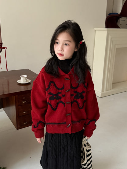 Knit jacket with collar, cherry print, thick cardigan, toggle buttons [mh0011863]
