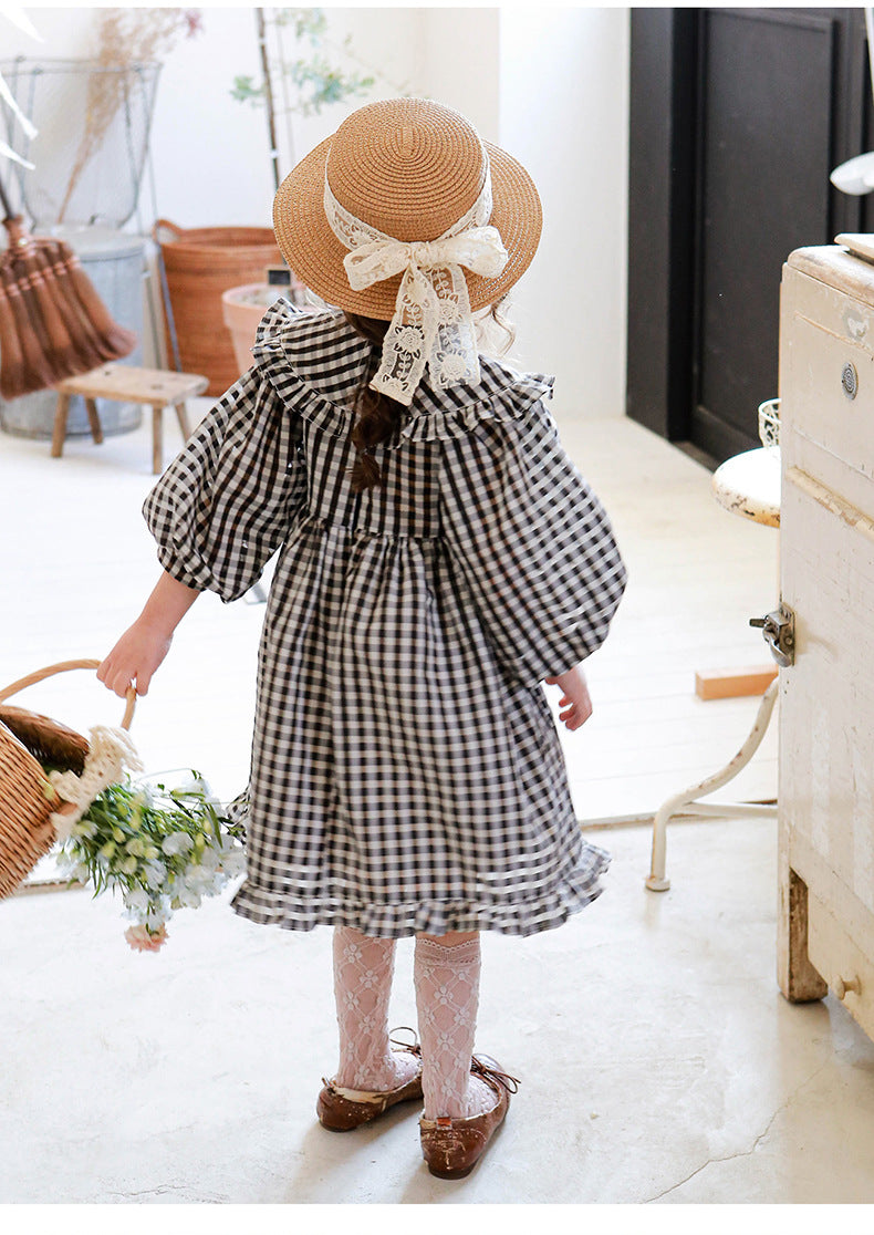 Puff Sleeve Plaid Flower Dress パフスリーブ チェック フラワー ワンピース【mh0001542】