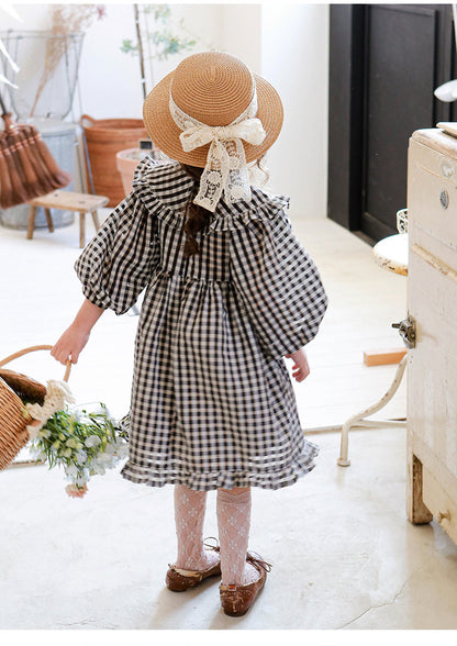Puff Sleeve Plaid Flower Dress パフスリーブ チェック フラワー ワンピース【mh0001542】