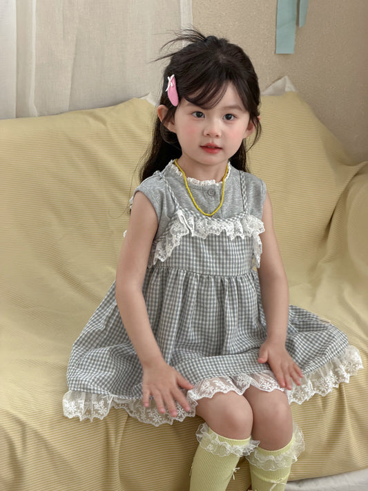 Gingham Dress & Sleeveless Top Set Gingham Check Dress Lace T-shirt [mh0012762]