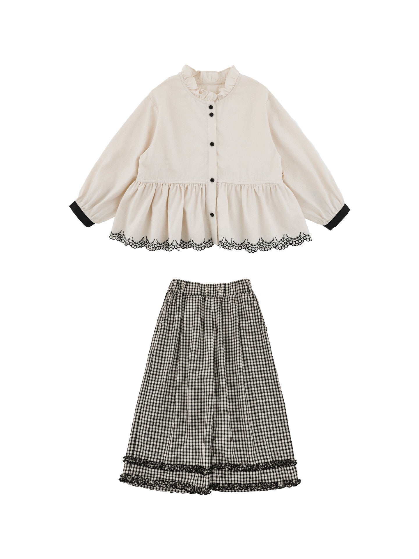 Embroidered Blouse Gingham Pants 裾刺繍 ブラウス ギンガム パンツ セットアップ【mh0012727】