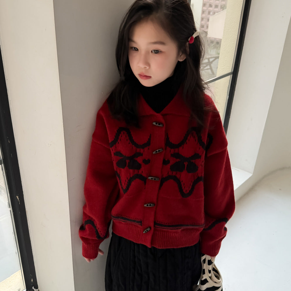 Knit jacket with collar, cherry print, thick cardigan, toggle buttons [mh0011863]