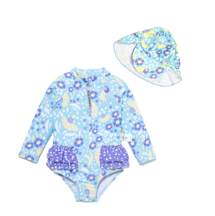 Long-sleeve Diagonal Zipper One-piece Beach Sun Protection Surf Suit ボタニカル 長袖水着 帽子セット【mh0013316】