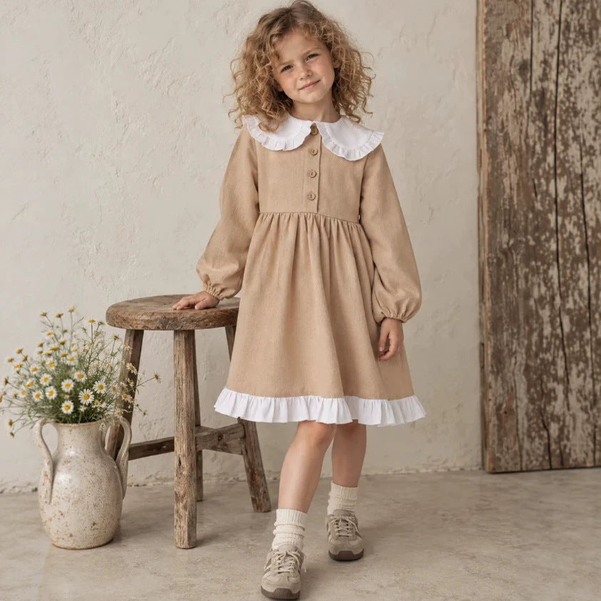 2027 INS Rusia Vestido sencillo de lino y algodón para niña con cuello de muñeca y encaje, vestido de princesa estilo JK infantil【mh0014746】