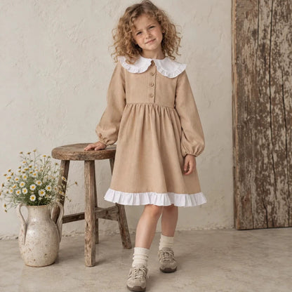 2027 INS Rusia Vestido sencillo de lino y algodón para niña con cuello de muñeca y encaje, vestido de princesa estilo JK infantil【mh0014746】