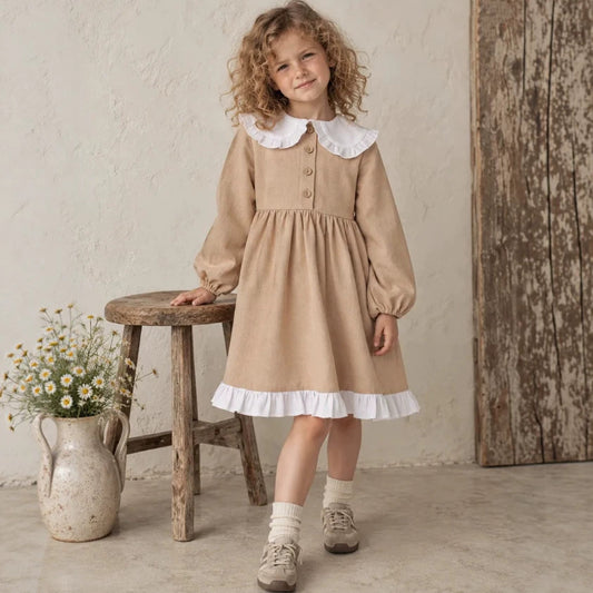 2027 INS Rusia Vestido sencillo de lino y algodón para niña con cuello de muñeca y encaje, vestido de princesa estilo JK infantil【mh0014746】