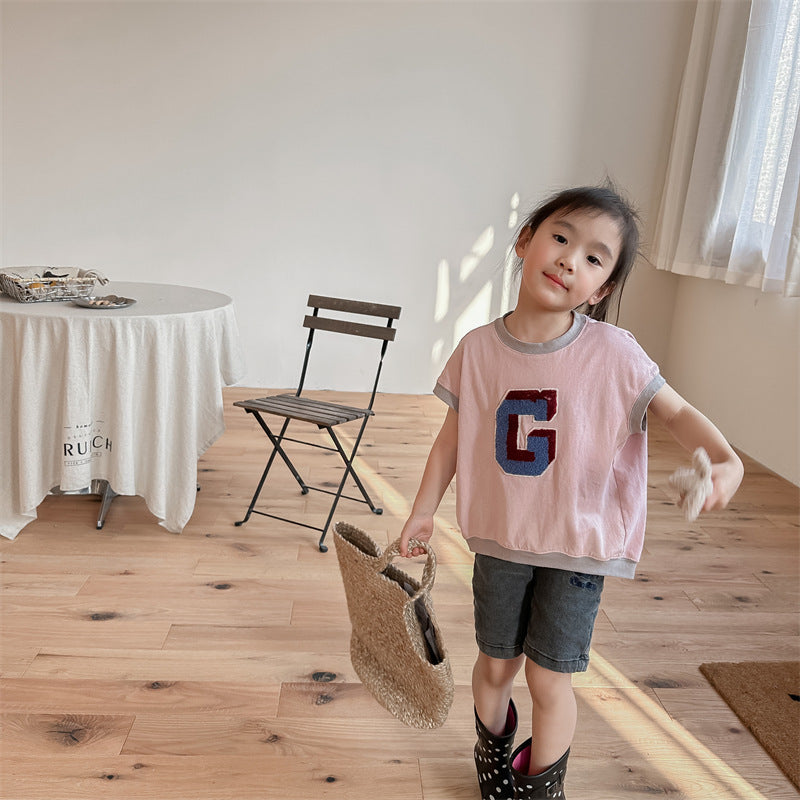 Kids' Alphabet Patchwork Applique Ringer Loose Short-Sleeved T-Shirt [mh0001820]
