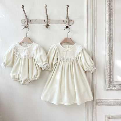 長袖ワンピース ベロア レースリボン パフスリーブ ドレス フォーマル【mh0011635】