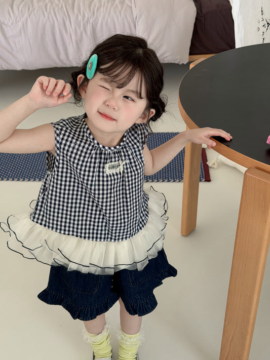 Plaid Tulle Hem Tank Top Gingham Check Tulle Sleeveless Blouse [mh0012758]