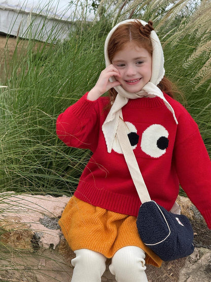 長袖ニットセーター ビッグアイ もこもこ目玉 プルオーバー 丸首 ゆる可愛【mh0011740】