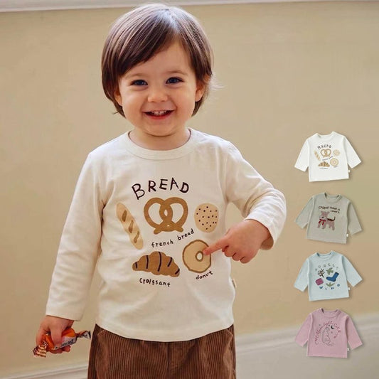 ベビー用生成りプリント長袖Tシャツ、前面キャラクターイラスト