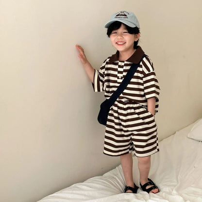 -キッズセットアップ 2点セット/ワンピース ボーイズ半袖ポロシャツ+ハーフパンツ/ガールズ半袖ポロワンピ ボーダー リンクコーデ 兄弟姉妹 お揃いコーデ【mh0005183】 - mamahalo shop - 半袖セットアップ -  べビー服 - 子供服 - 男の子 - 女の子