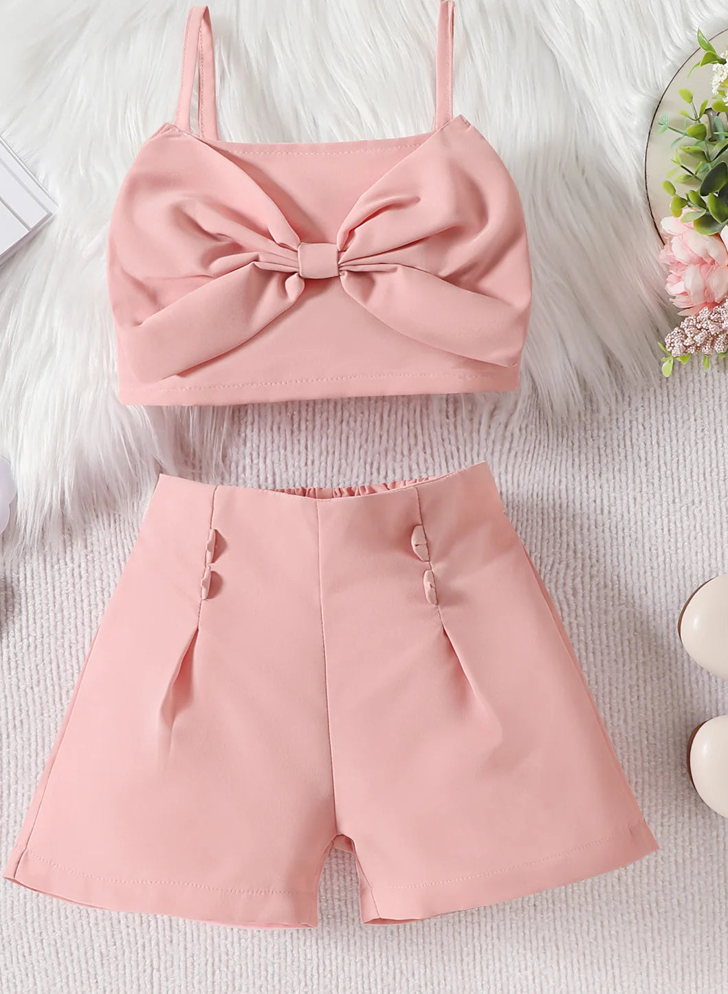 -キッズセットアップ 2点セット キャミソールトップス+ショートパンツ ビッグリボン 2カラー - mamahalo shop - ノースリーブセットアップ -  べビー服 - 子供服 - 男の子 - 女の子
