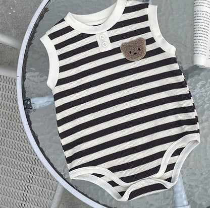 -ベビー ワッフル ボーダー くま ベア ワッペン ノースリーブ ロンパース 4カラー ユニセックス【mh0002070】 - mamahalo shop - ノースリーブロンパース -  べビー服 - 子供服 - 男の子 - 女の子