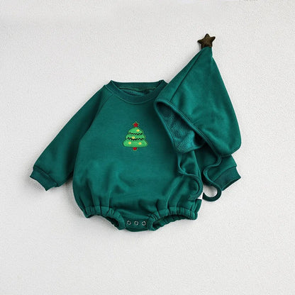 -ベビー長袖ロンパース ボンネットセット クリスマス サンタ トナカイ クリスマスツリー コスチューム  帽子つき 3カラー ユニセックス 男の子 女の子 子供服 - mamahalo shop - 長袖ロンパース -  べビー服 - 子供服 - 男の子 - 女の子