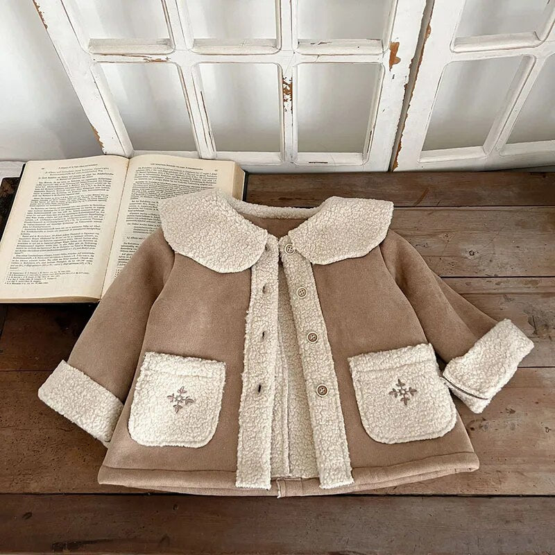 -キッズ コート 裏ボアフリース 刺繍 ショートジャケット アウター コーヒー ガールズ 女の子 子供服【mh0003032】 - mamahalo shop - ショートコート・ジャケット・ジャンパー -  べビー服 - 子供服 - 男の子 - 女の子