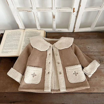 -キッズ コート 裏ボアフリース 刺繍 ショートジャケット アウター コーヒー ガールズ 女の子 子供服【mh0003032】 - mamahalo shop - ショートコート・ジャケット・ジャンパー -  べビー服 - 子供服 - 男の子 - 女の子