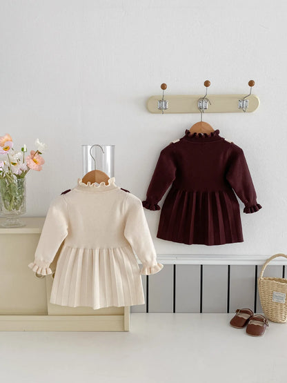 -ベビーキッズワンピース ニットフラワー長袖ワンピース 2カラー - mamahalo shop - 長袖ワンピース -  べビー服 - 子供服 - 男の子 - 女の子