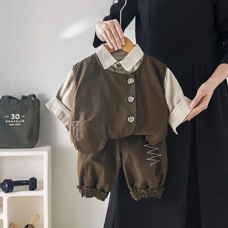 -キッズセットアップ 3点セット 長袖シャツ+アシメボタンベスト+ステッチアクセントロングパンツ 2カラー - mamahalo shop - 長袖セットアップ -  べビー服 - 子供服 - 男の子 - 女の子