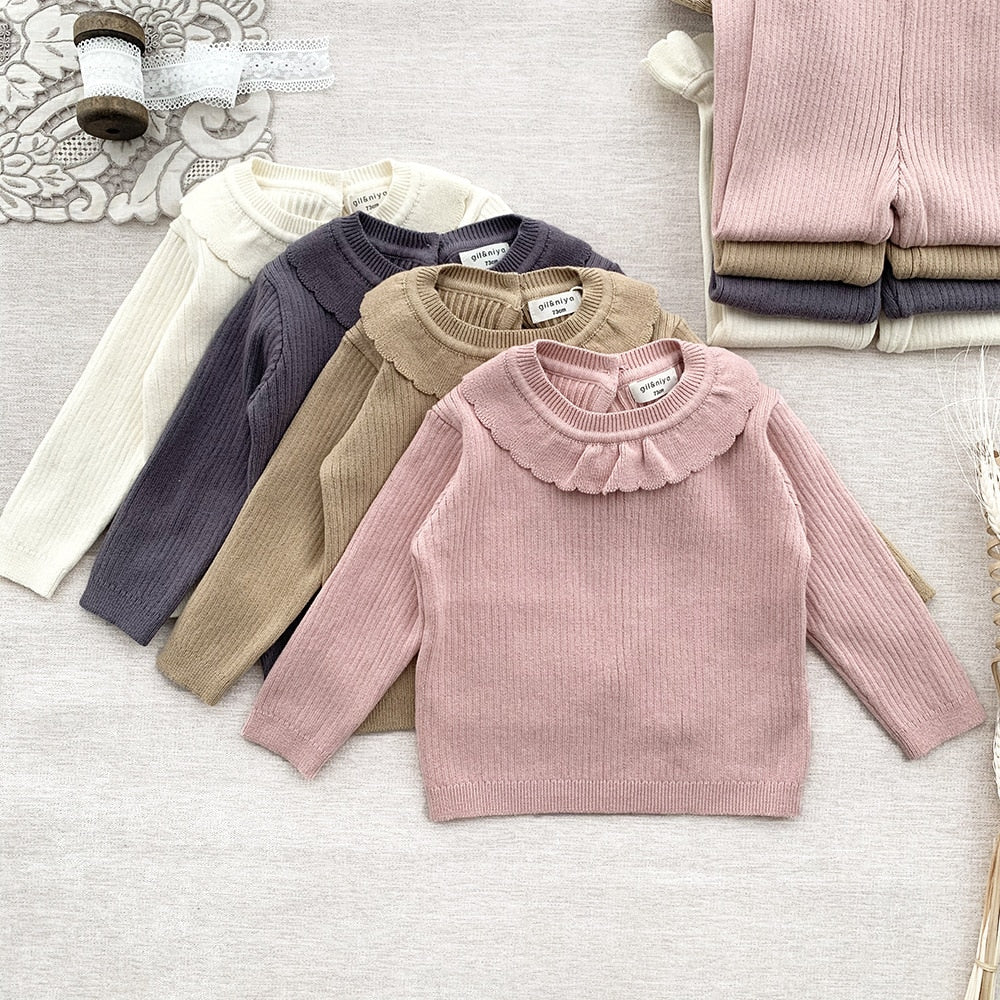 -ベビー キッズ ニット セットアップ フリル セーター トップス パンツ 4カラー ガールズ - mamahalo shop - 長袖セットアップ -  べビー服 - 子供服 - 男の子 - 女の子