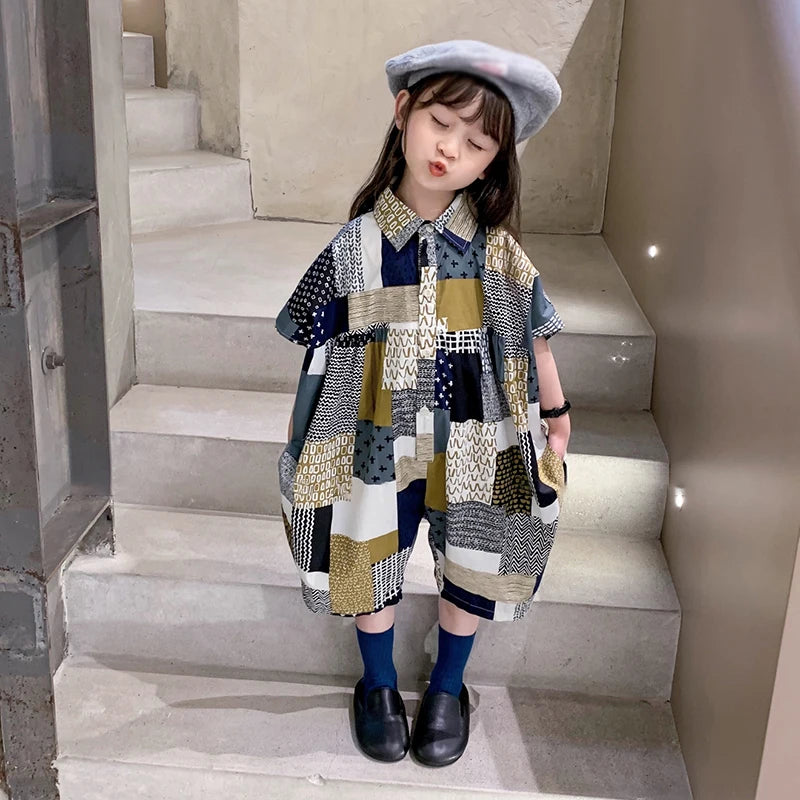 -キッズジャンプスーツ シャツつなぎ チェック パッチワーク ルーズスタイル - mamahalo shop - 半袖ジャンプスーツ -  べビー服 - 子供服 - 男の子 - 女の子