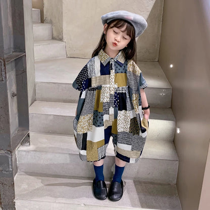 -キッズジャンプスーツ シャツつなぎ チェック パッチワーク ルーズスタイル - mamahalo shop - 半袖ジャンプスーツ -  べビー服 - 子供服 - 男の子 - 女の子