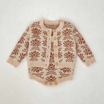 -ベビーカーディガン/ロンパース ボタニカル北欧風フラワー柄ニットジャケット/サスペンダーボディスーツ【mh0007037】 - mamahalo shop - ロンパースセットアップ -  べビー服 - 子供服 - 男の子 - 女の子