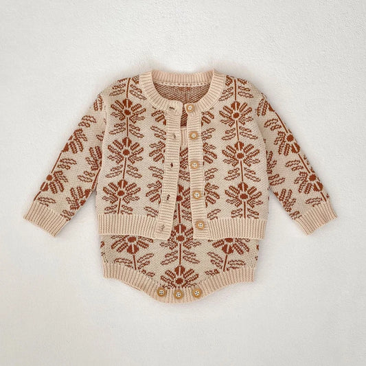 -ベビーカーディガン/ロンパース ボタニカル北欧風フラワー柄ニットジャケット/サスペンダーボディスーツ【mh0007037】 - mamahalo shop - ロンパースセットアップ -  べビー服 - 子供服 - 男の子 - 女の子