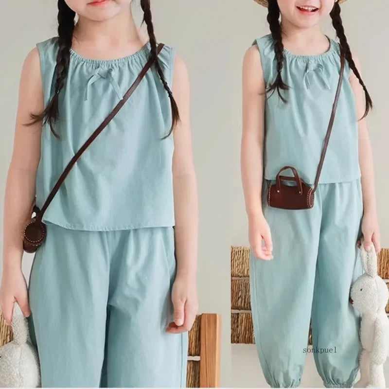 -キッズセットアップ 2点セット ノースリーブブラウス+ルーズクロップドパンツ 3カラー【mh0006117】 - mamahalo shop - ノースリーブセットアップ -  べビー服 - 子供服 - 男の子 - 女の子