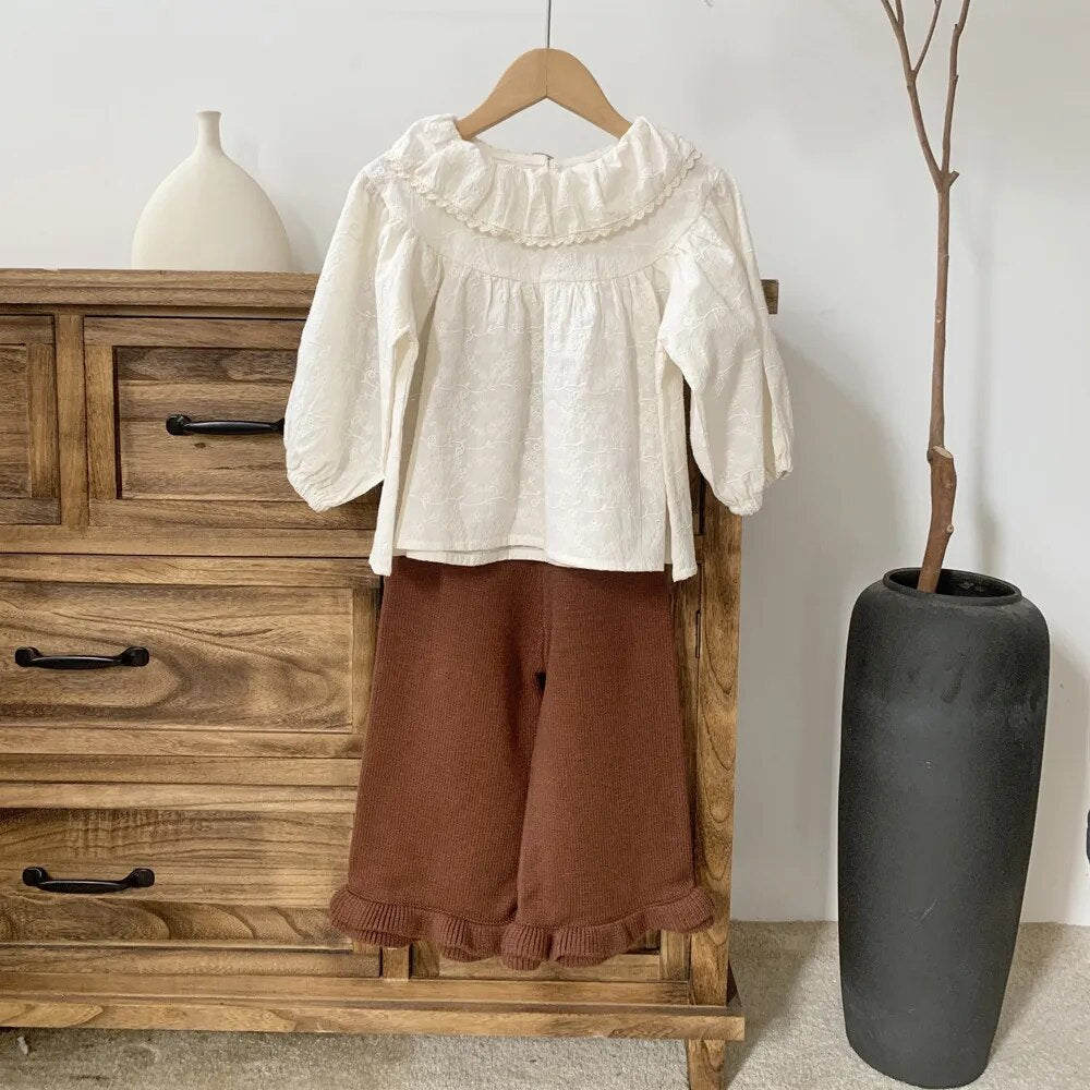 -キッズ ニットパンツ フリルワイドパンツ ルーズパンツ コーヒー ベージュ 2カラー ガールズ 女の子 子供服 - mamahalo shop - ロングパンツ・スウェットパンツ -  べビー服 - 子供服 - 男の子 - 女の子