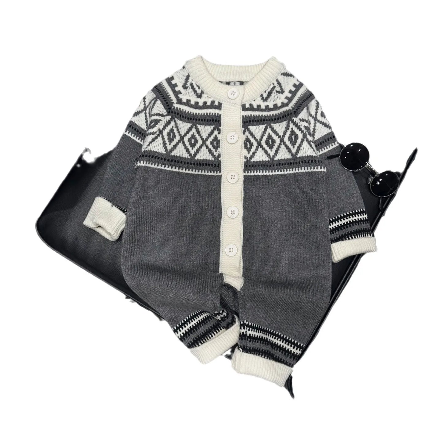 -ベビーロンパース ニット長袖ジャンプスーツ ダイヤモンドトライバル柄 グレー【mh0004408】 - mamahalo shop - 長袖ロンパース -  べビー服 - 子供服 - 男の子 - 女の子