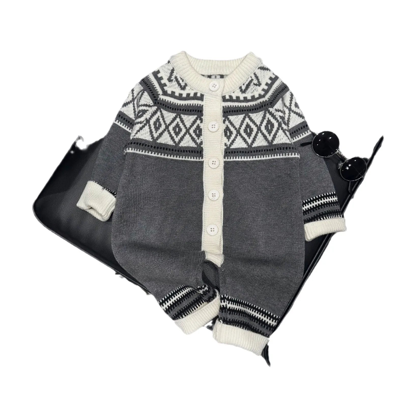 -ベビーロンパース ニット長袖ジャンプスーツ ダイヤモンドトライバル柄 グレー【mh0004408】 - mamahalo shop - 長袖ロンパース -  べビー服 - 子供服 - 男の子 - 女の子