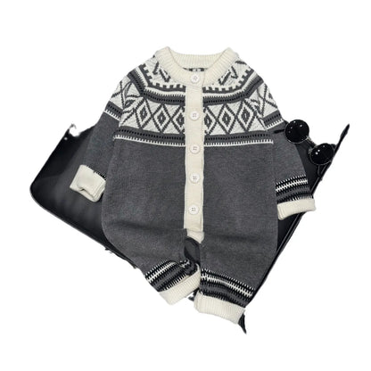 -ベビーロンパース ニット長袖ジャンプスーツ ダイヤモンドトライバル柄 グレー【mh0004408】 - mamahalo shop - 長袖ロンパース -  べビー服 - 子供服 - 男の子 - 女の子