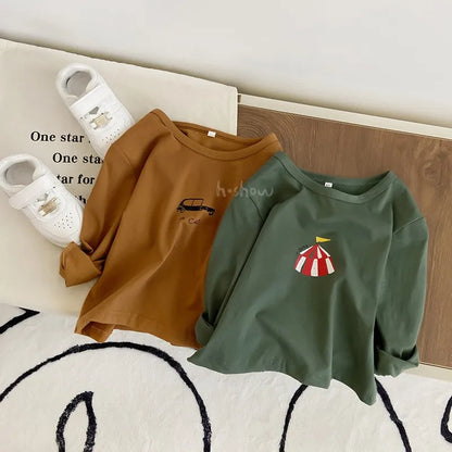 -キッズトップス 長袖Tシャツ サーカス 車 飛行機 家 プリント 4カラー - mamahalo shop - 長袖Tシャツ -  べビー服 - 子供服 - 男の子 - 女の子