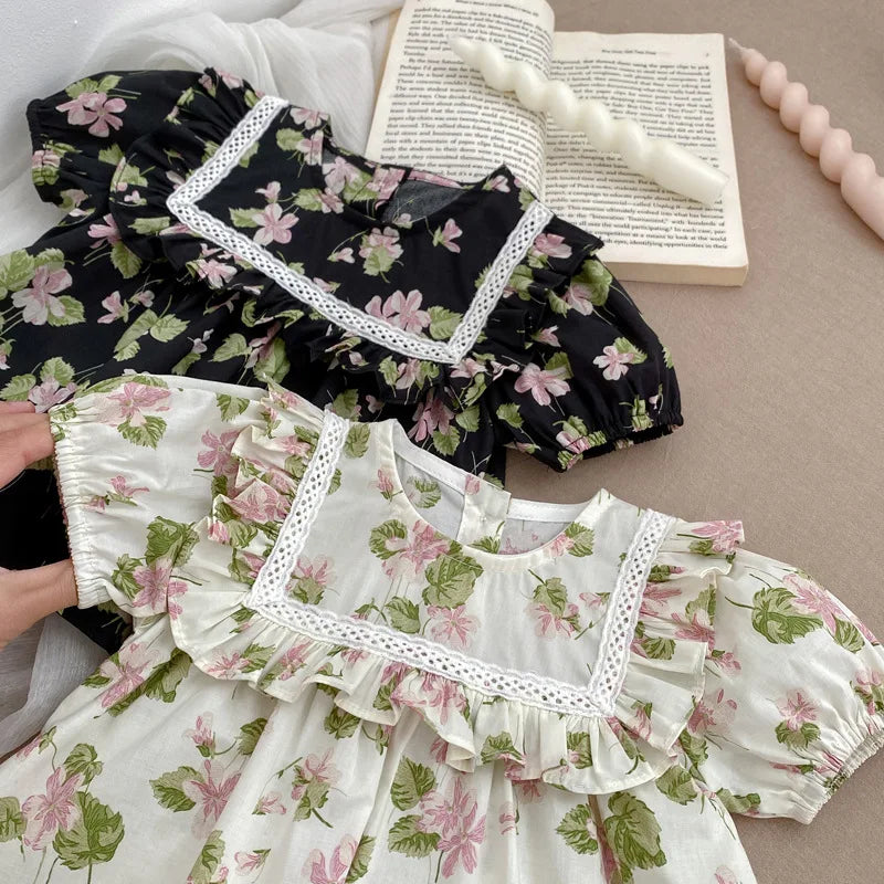 -ベビーロンパース/セットアップ 2点セット 半袖ボディスーツ/半袖ブラウス+ブルマパンツ フラワー花柄プリント 2カラー【mh0004870】 - mamahalo shop - 半袖セットアップ -  べビー服 - 子供服 - 男の子 - 女の子