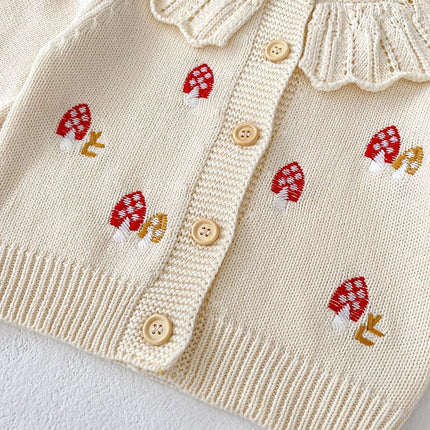 ベビー カーディガン サスペンダーローンパース 単品 セット ニット キノコ🍄 刺繍 レース襟 セットアップ ベージュ ガールズ 女の子 - mamahalo shop - ロンパースセットアップ - ベビー服 - 子供服 - 男の子 - 女の子