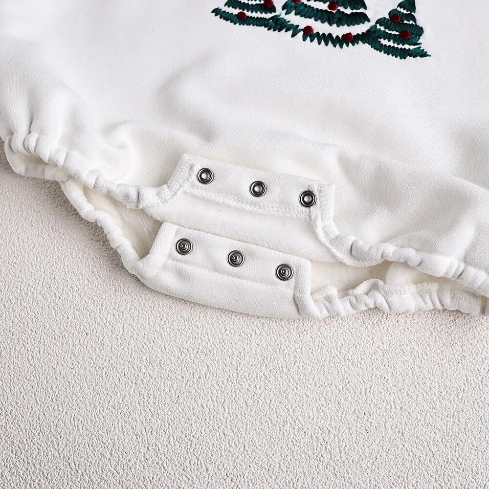 -ベビー長袖ロンパース とんがり帽子セット クリスマス コスチューム 裏フリース もみの木 クリスマスツリープリント ホワイト ユニセックス 男の子 女の子 子供服 - mamahalo shop - 長袖ロンパース -  べビー服 - 子供服 - 男の子 - 女の子