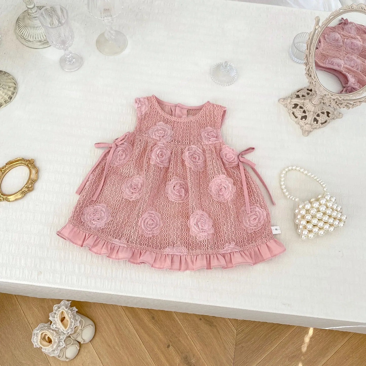 -ベビーセットアップ 2点セット 丸襟長袖ロンパース+ローズレースエプロンノースリーブベストドレスワンピース 2カラー - mamahalo shop - ロンパースセットアップ -  べビー服 - 子供服 - 男の子 - 女の子