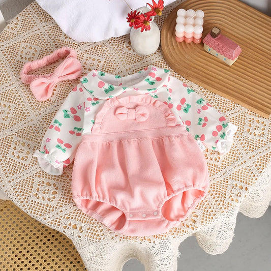 -ベビーロンパース リボンヘアバンドセット ドッキング長袖ボディスーツ フリル リボン チェリー ピンク【mh0006457】 - mamahalo shop - 長袖ロンパース -  べビー服 - 子供服 - 男の子 - 女の子