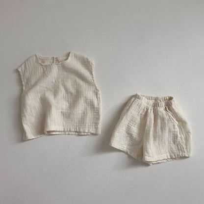 -ベビーセットアップ 2点セット ノースリーブトップス+ショートパンツ シンプルベーシック 2カラー - mamahalo shop - ノースリーブセットアップ -  べビー服 - 子供服 - 男の子 - 女の子