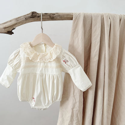 -ベビーロンパース 長袖パフスリーブボディスーツ レース襟 フラワー花柄刺繍 ベージュ【mh0004663】 - mamahalo shop - 長袖ロンパース -  べビー服 - 子供服 - 男の子 - 女の子