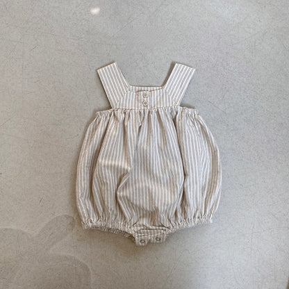 -ベビー ストライプ ノースリーブ サスペンダー ロンパース ブルー カーキ ユニセックス 5913B - mamahalo shop - ノースリーブロンパース -  べビー服 - 子供服 - 男の子 - 女の子