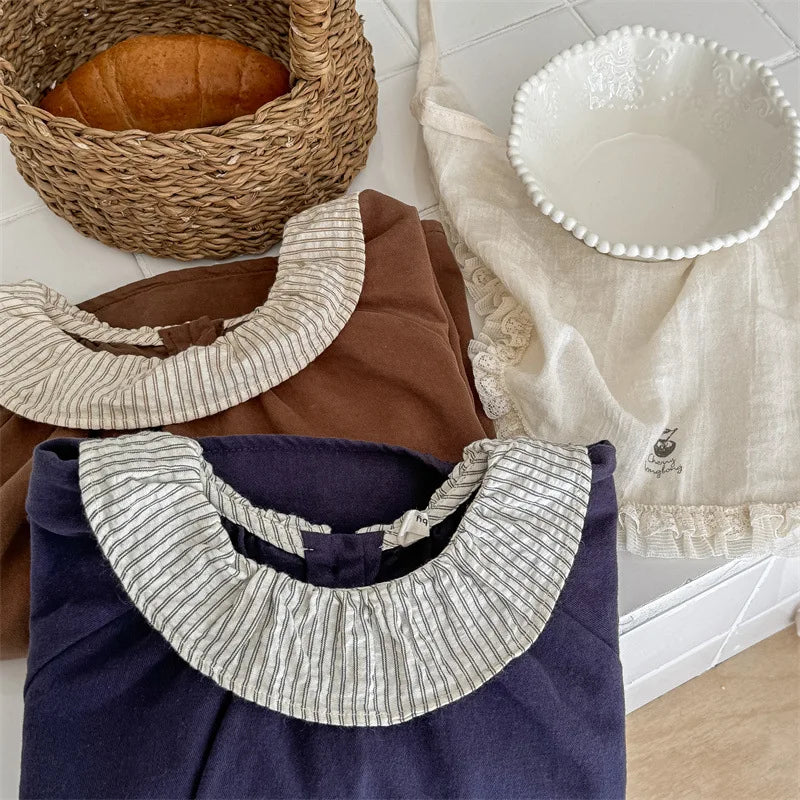 -キッズトップス ストライプサークル襟 長袖ブラウス シャツ 2カラー - mamahalo shop - 長袖シャツ・ブラウス -  べビー服 - 子供服 - 男の子 - 女の子