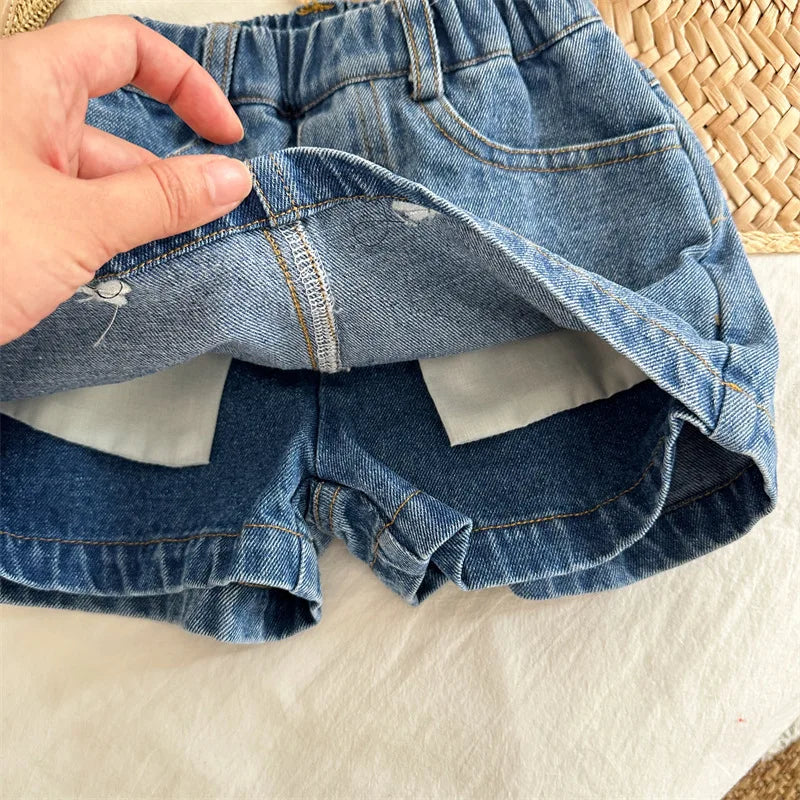 -キッズスカート デニム タイトスカート ショートパンツ リボン刺繍 パンツインスカート - mamahalo shop - スカート -  べビー服 - 子供服 - 男の子 - 女の子